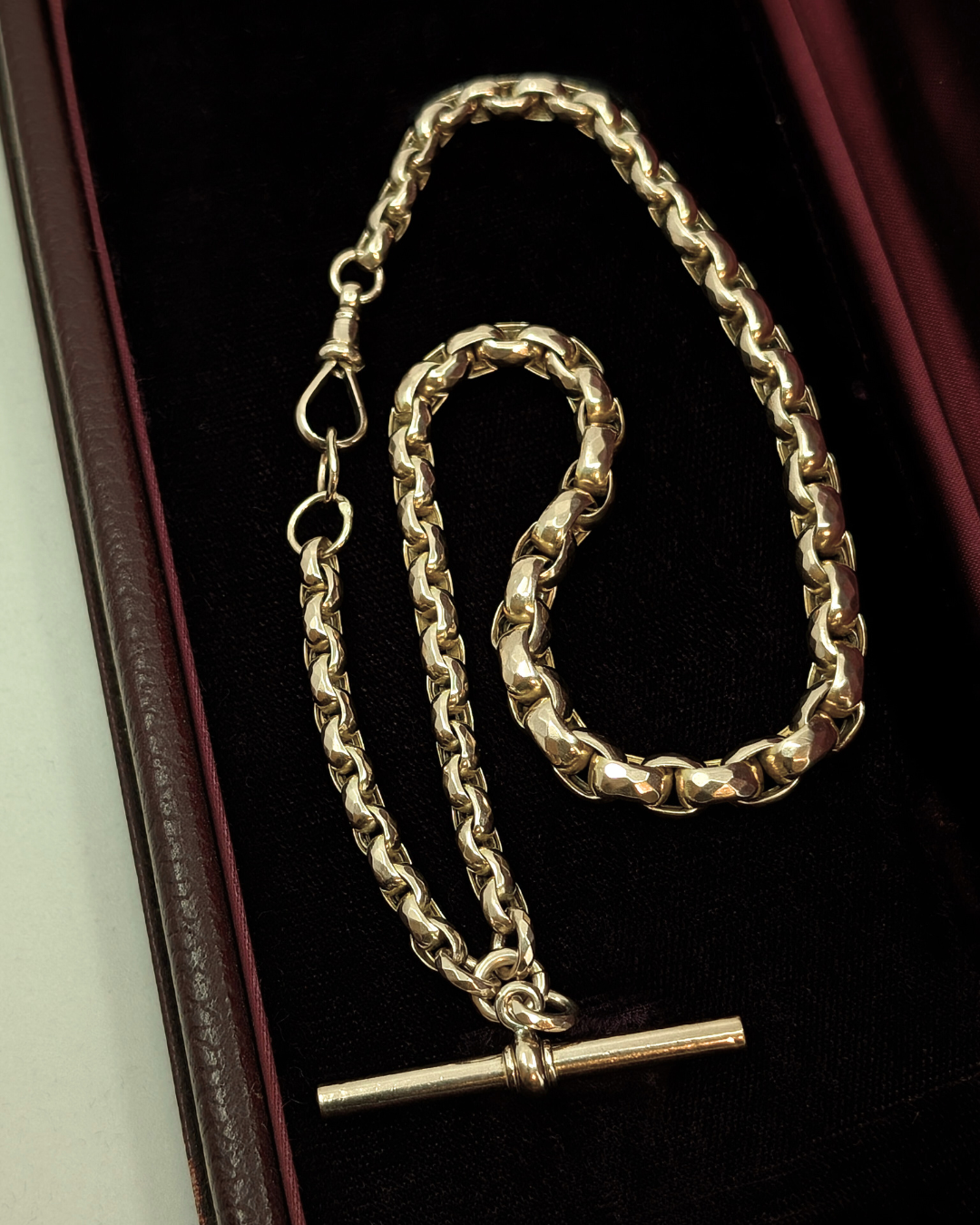 Antique Gold Faceted Belcher Link Albert Watch Chain with T-Bar