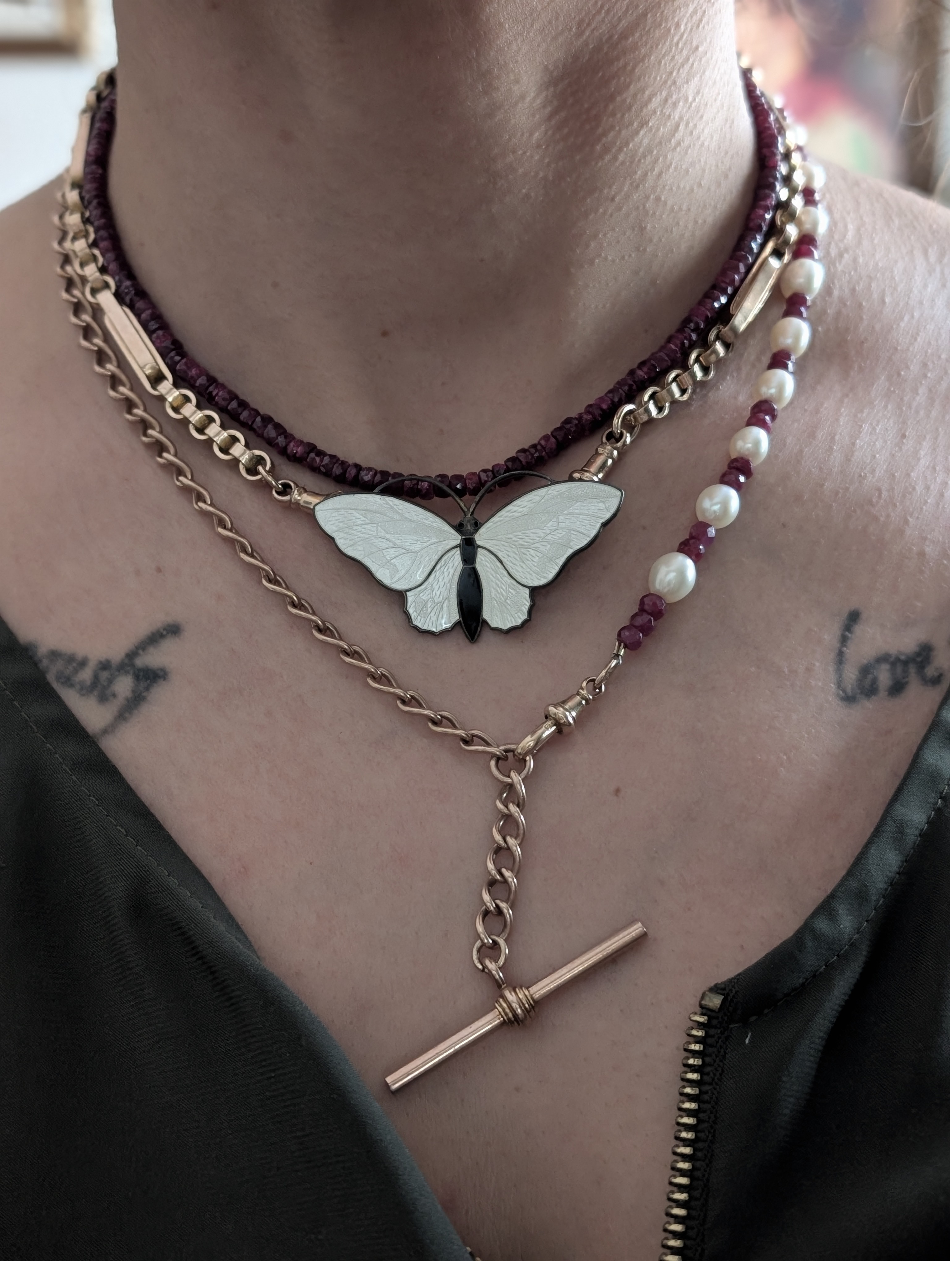 Custom 14k Albert Chain with Pearl & Spinel Bracelet Extender - T-Bar and 2 Dog Cilps