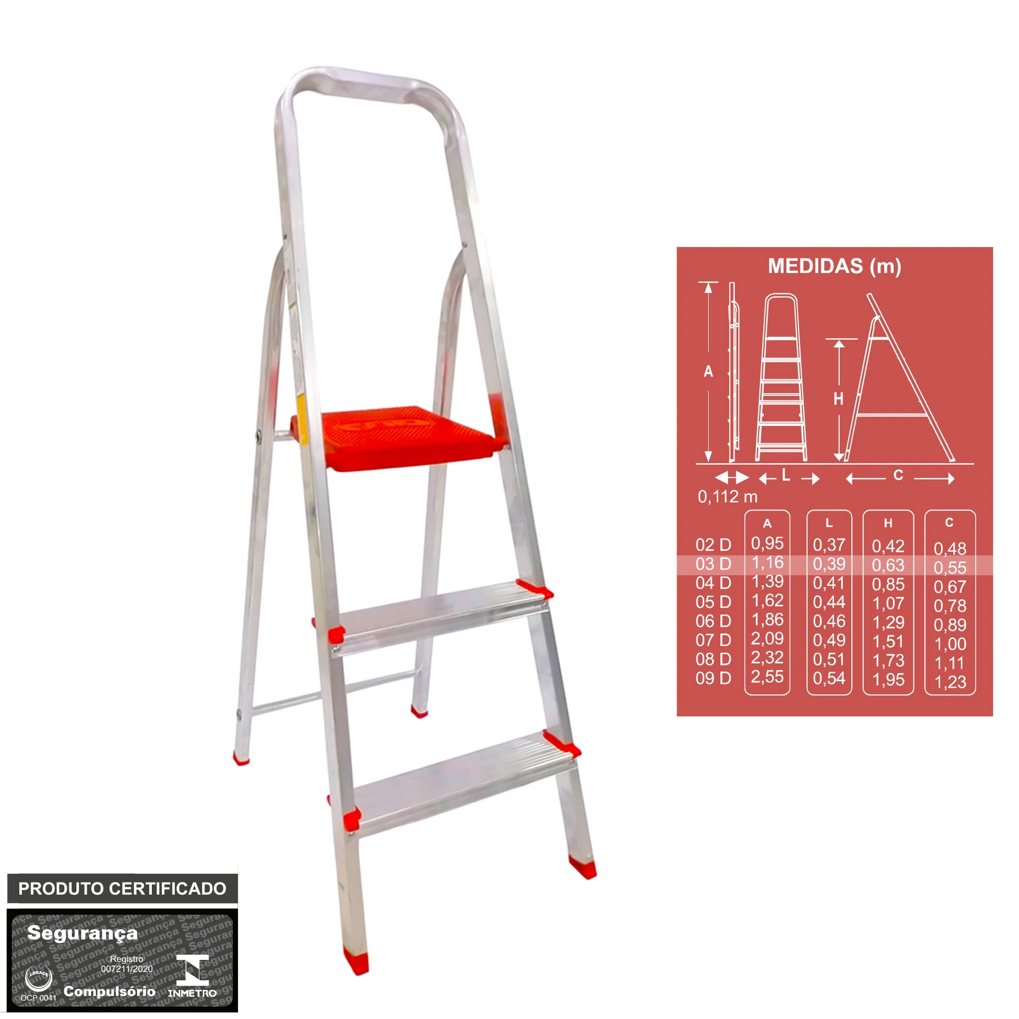 Escada Doméstica 3 Degraus em Alumínio BTF