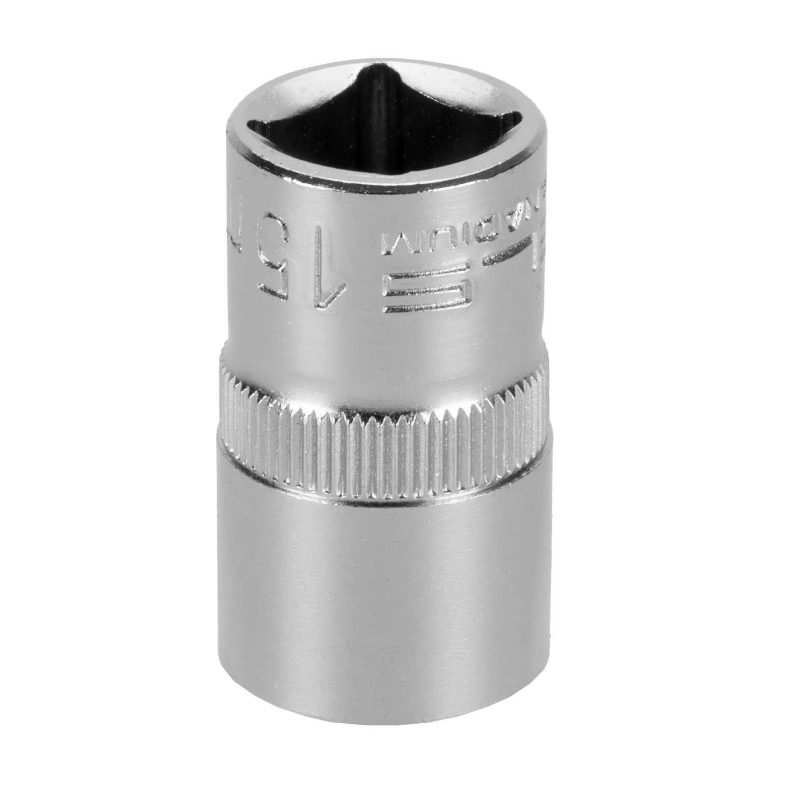 SOQUETE ESTRIADO ENCAIXE 1/2POL., CROMO VANADIO, COM CLIPS PLASTICO, 15MM, 1PC // STELS