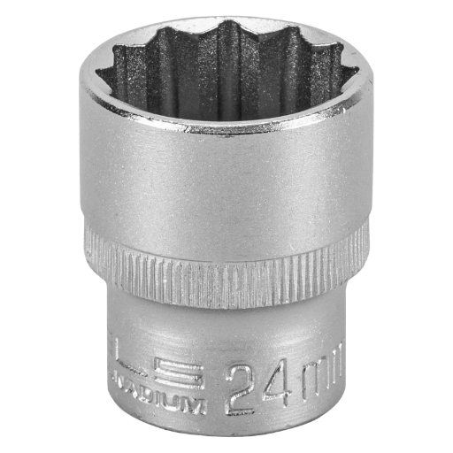 SOQUETE ESTRIADO ENCAIXE 1/2POL., CROMO VANADIO, COM CLIPS PLASTICO, 24MM, 1PC // STELS
