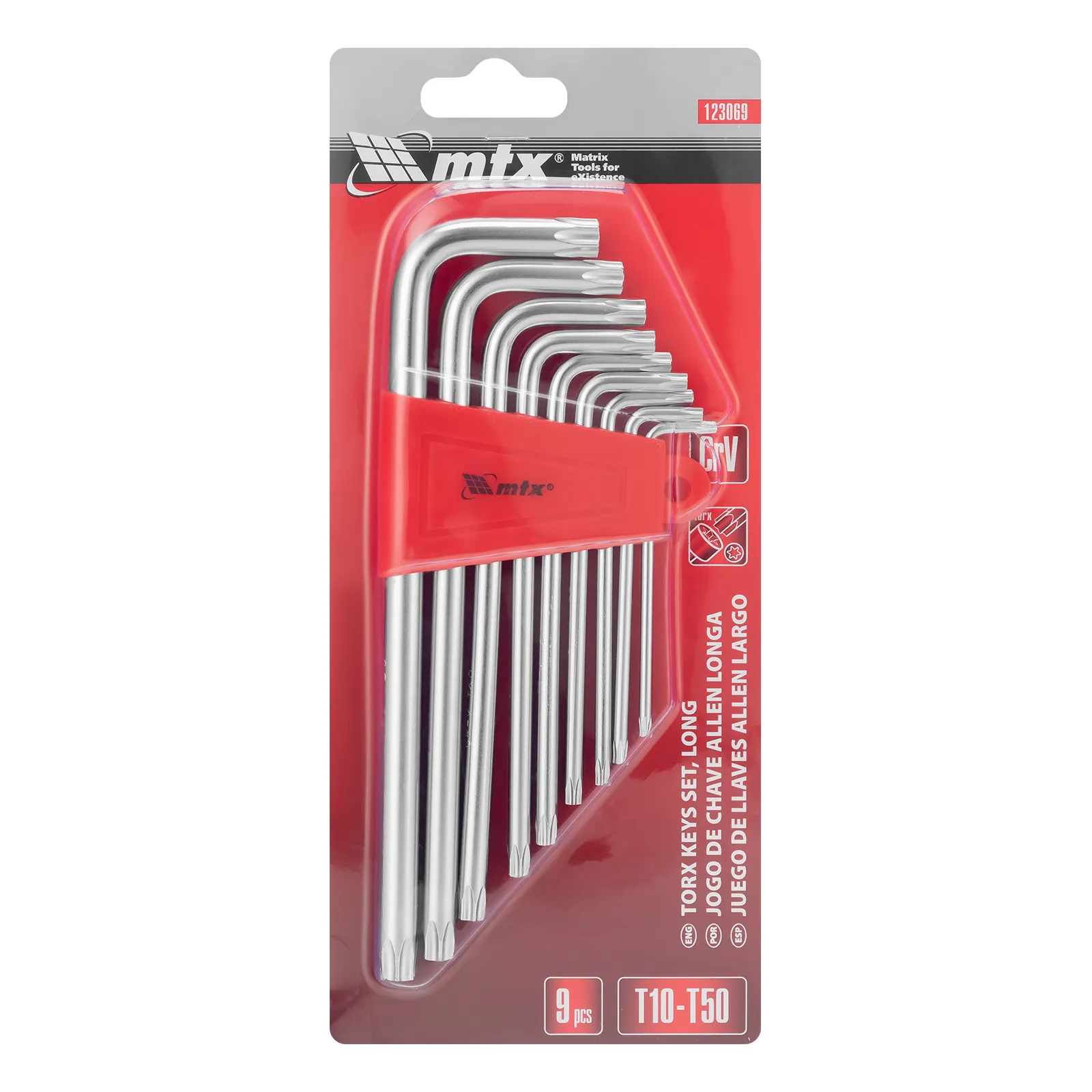 JOGO DE CHAVES TORX LONGAS COM ACABAMENTO ACETINADO, T10-T50, CROMO VANADIO, 9PCS // MTX