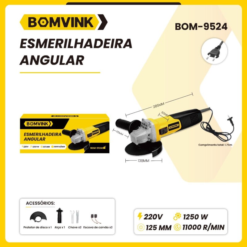 Esmerilhadeira Angular Profissional com 4 Acessórios 1250W BOM-9525/BOM-9524