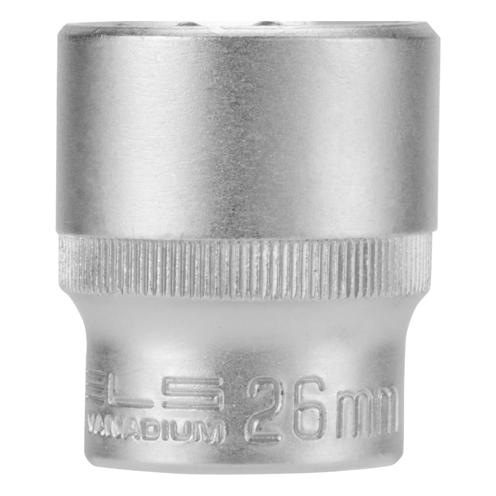 SOQUETE ESTRIADO ENCAIXE 1/2POL., CROMO VANADIO, COM CLIPS PLASTICO, 26MM, 1PC // STELS