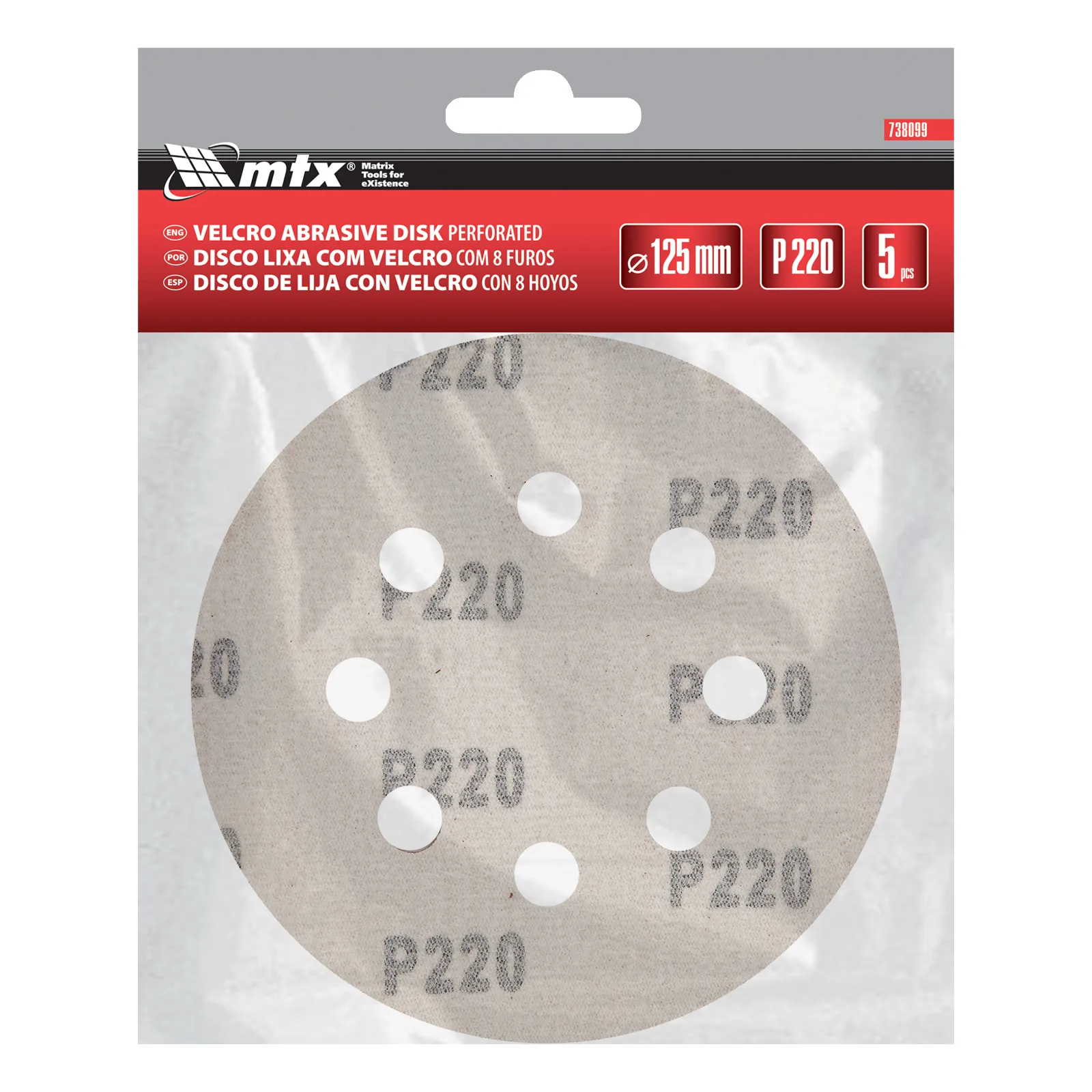 DISCO DE LIXA COM VELCRO, PERFURADO, GRAO 220, 125MM, 5 PCS // MTX