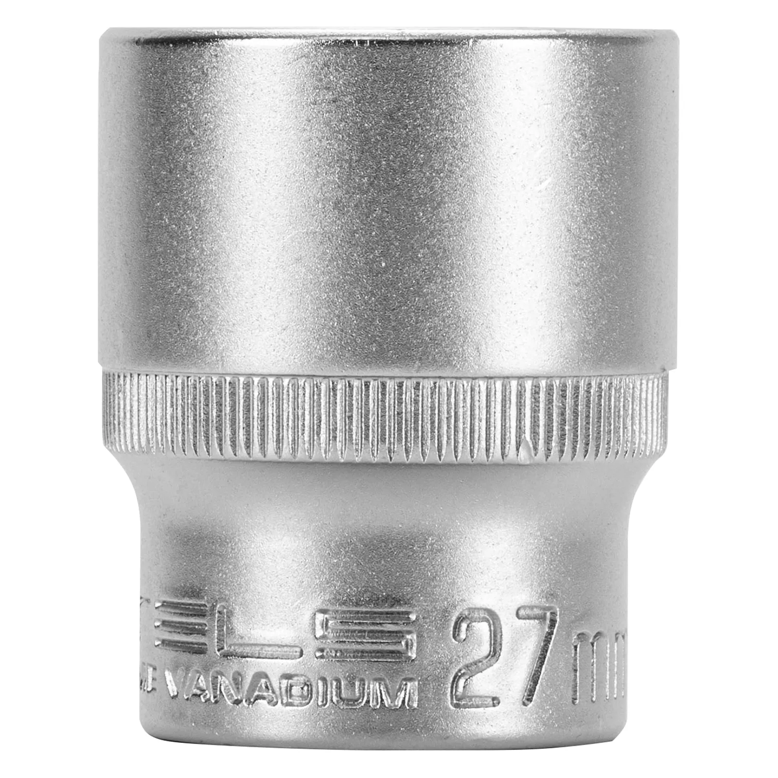 SOQUETE ESTRIADO ENCAIXE 1/2POL., CROMO VANADIO, COM CLIPS PLASTICO, 27MM, 1PC // STELS