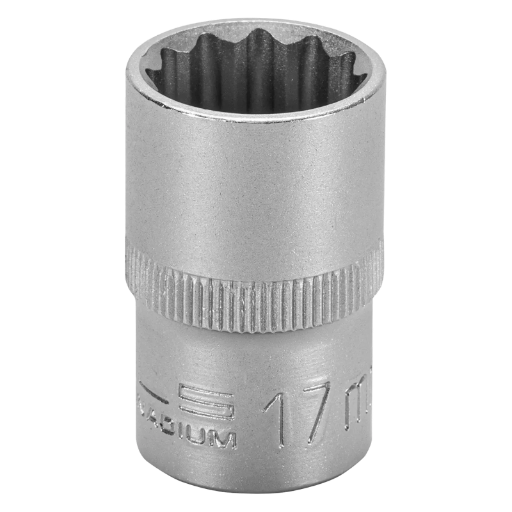 SOQUETE ESTRIADO ENCAIXE 1/2POL., CROMO VANADIO, COM CLIPS PLASTICO, 17MM, 1PC // STELS