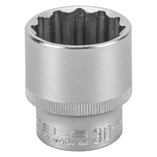 SOQUETE ESTRIADO ENCAIXE 1/2POL., CROMO VANADIO, COM CLIPS PLASTICO, 30MM, 1PC // STELS