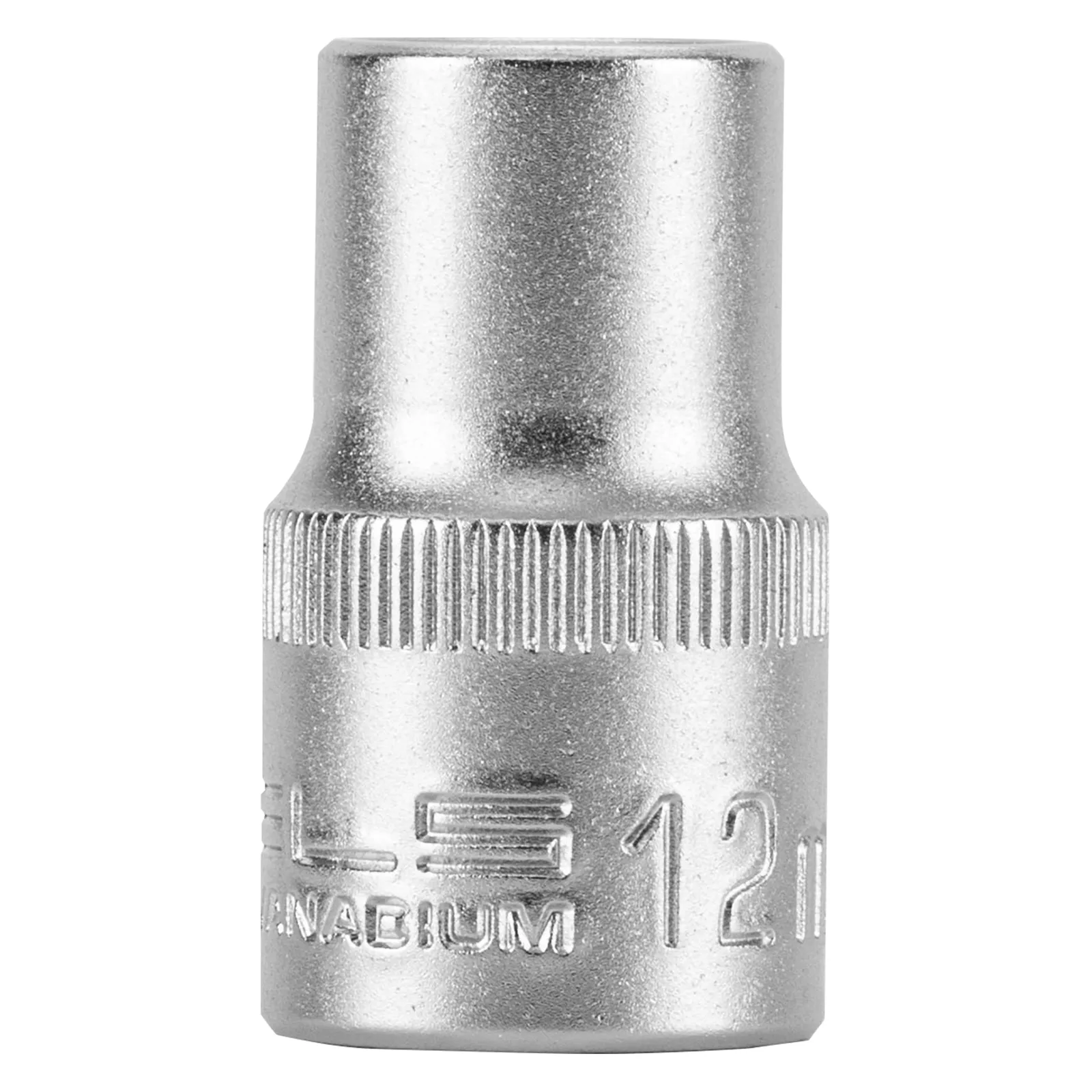 SOQUETE ESTRIADO ENCAIXE 1/2POL., CROMO VANADIO, COM CLIPS PLASTICO, 12MM, 1PC // STELS