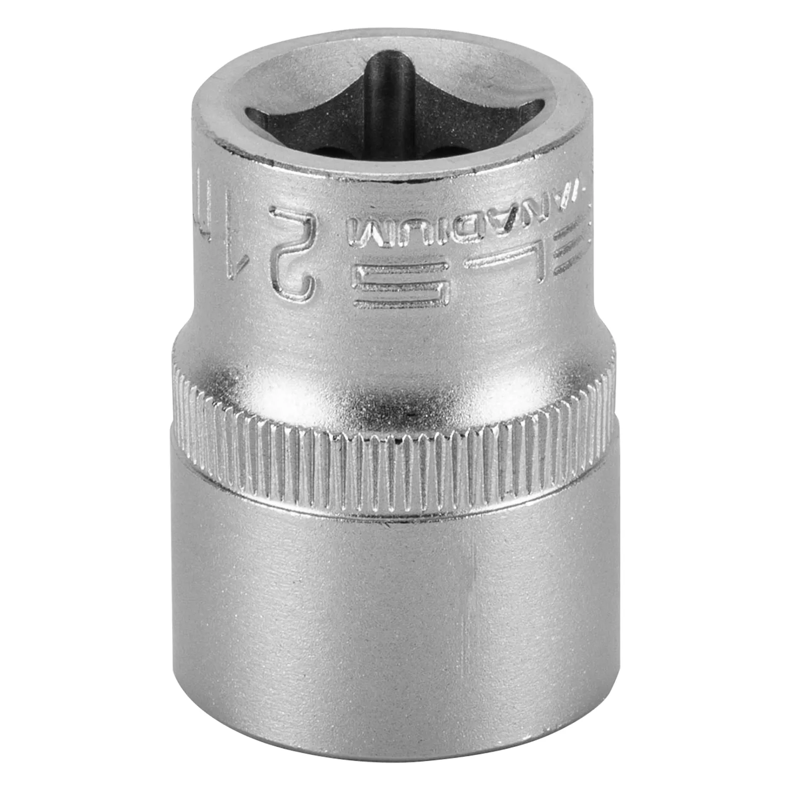 SOQUETE ESTRIADO ENCAIXE 1/2POL., CROMO VANADIO, COM CLIPS PLASTICO, 21MM, 1PC // STELS