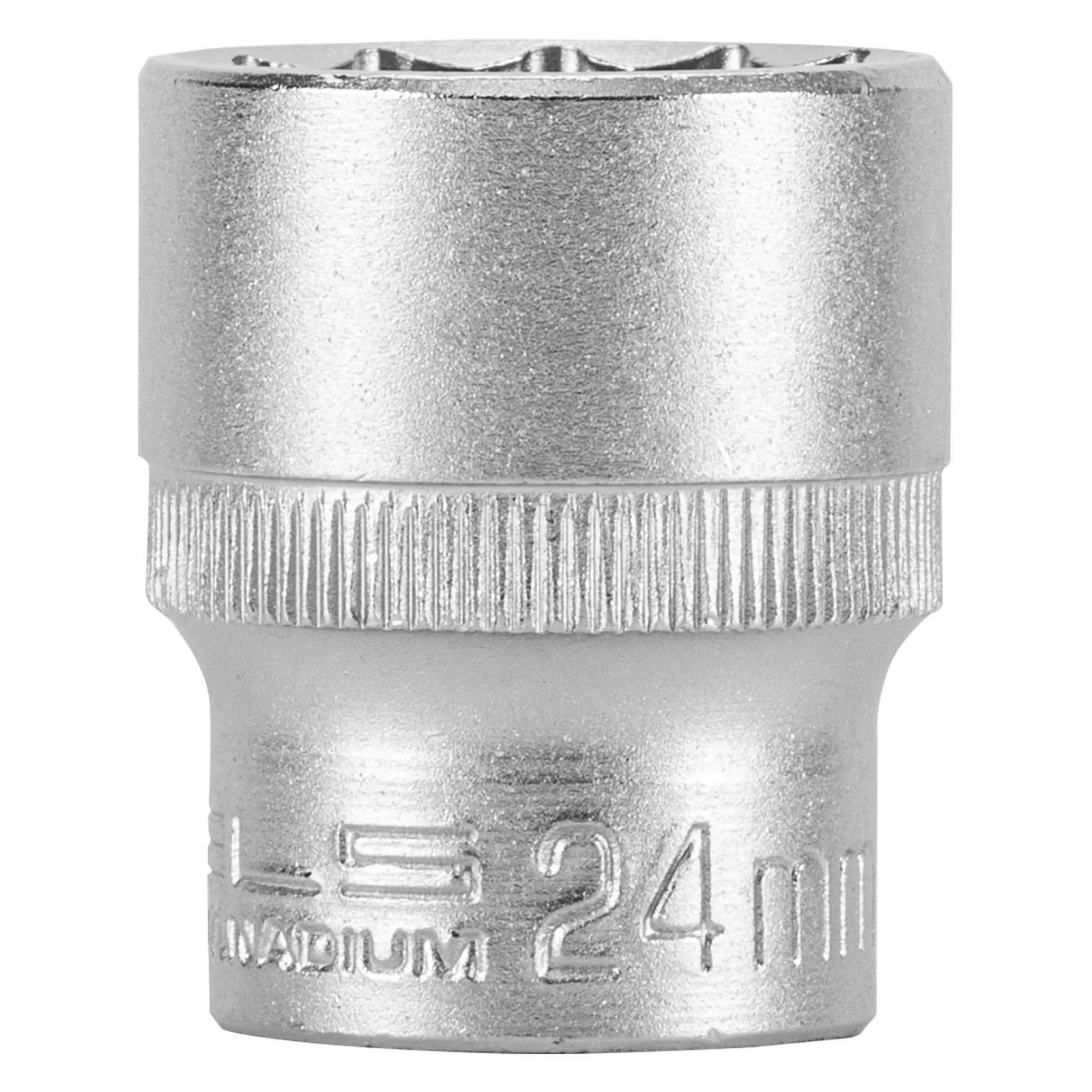 SOQUETE ESTRIADO ENCAIXE 1/2POL., CROMO VANADIO, COM CLIPS PLASTICO, 24MM, 1PC // STELS