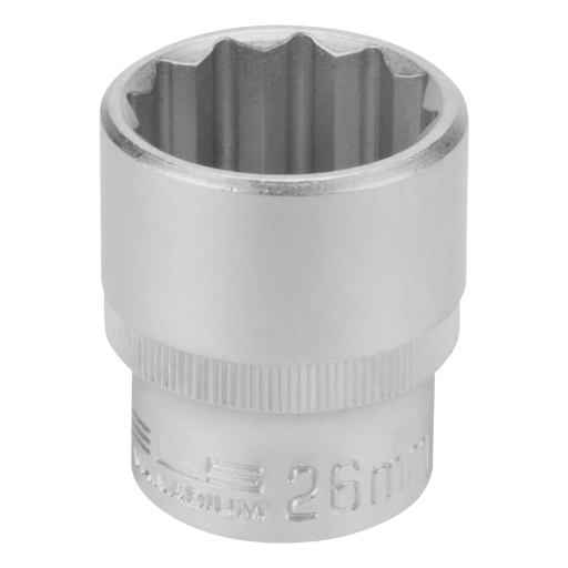 SOQUETE ESTRIADO ENCAIXE 1/2POL., CROMO VANADIO, COM CLIPS PLASTICO, 26MM, 1PC // STELS