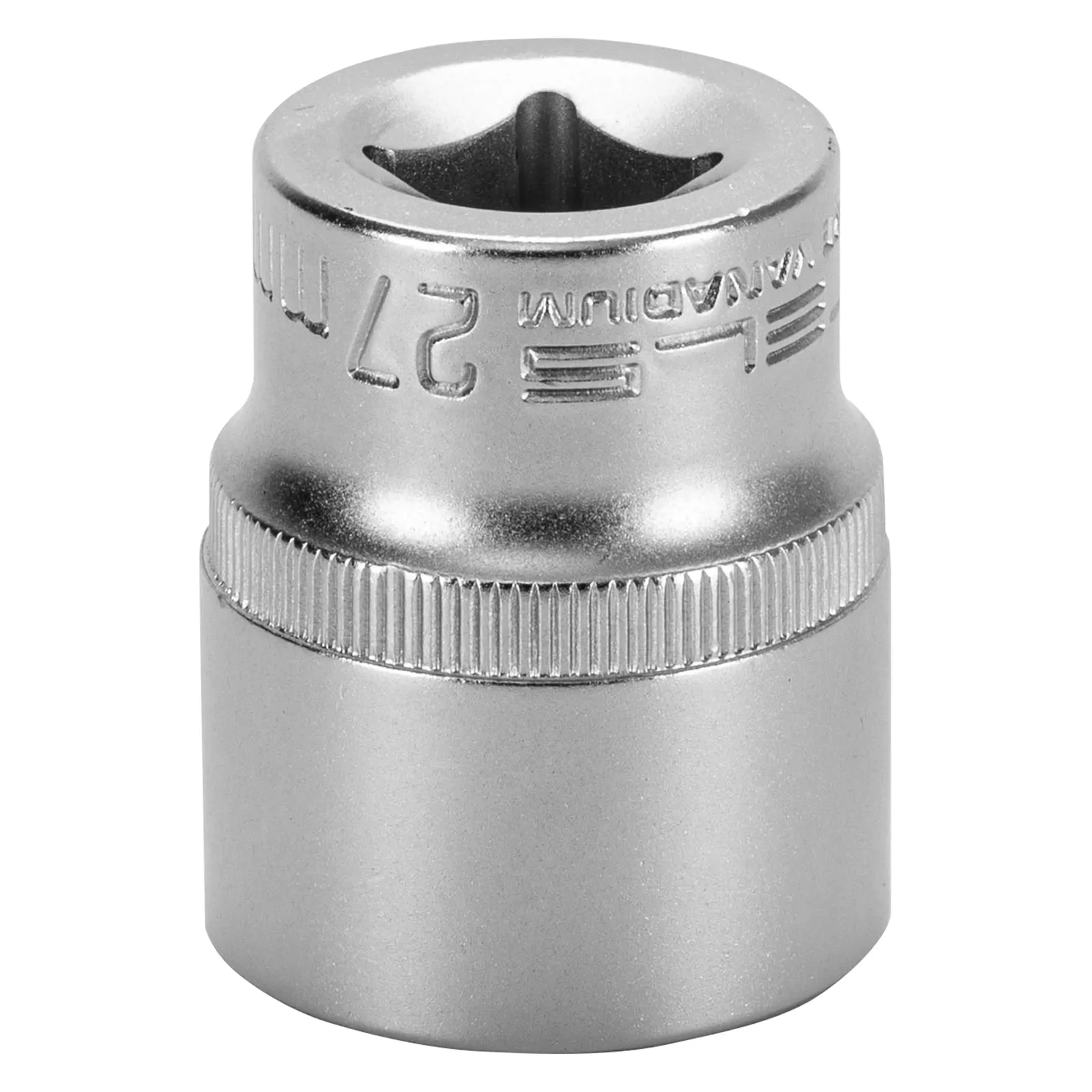 SOQUETE ESTRIADO ENCAIXE 1/2POL., CROMO VANADIO, COM CLIPS PLASTICO, 27MM, 1PC // STELS