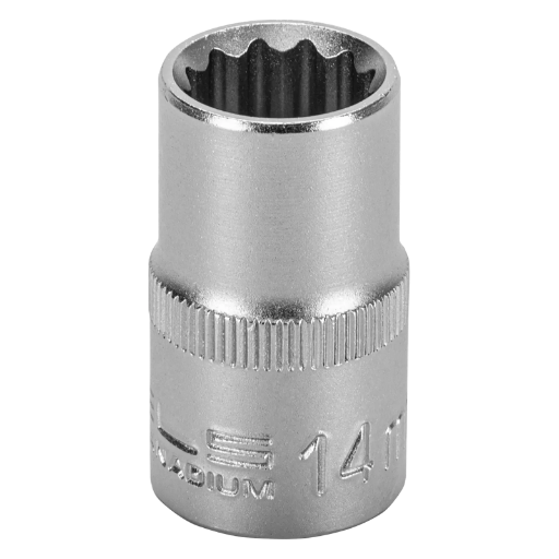 SOQUETE ESTRIADO ENCAIXE 1/2POL., CROMO VANADIO, COM CLIPS PLASTICO, 14MM, 1PC // STELS