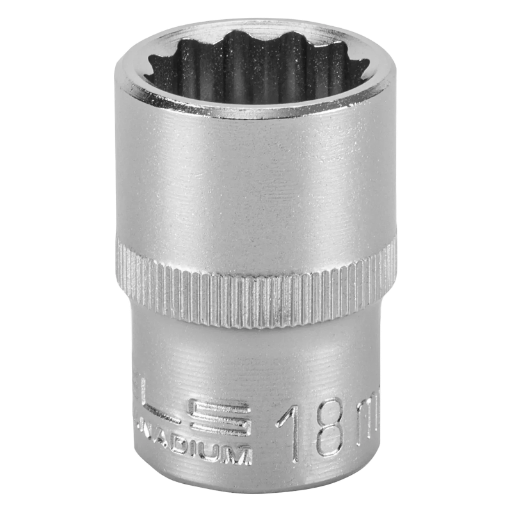 SOQUETE ESTRIADO ENCAIXE 1/2POL., CROMO VANADIO, COM CLIPS PLASTICO, 18MM, 1PC // STELS