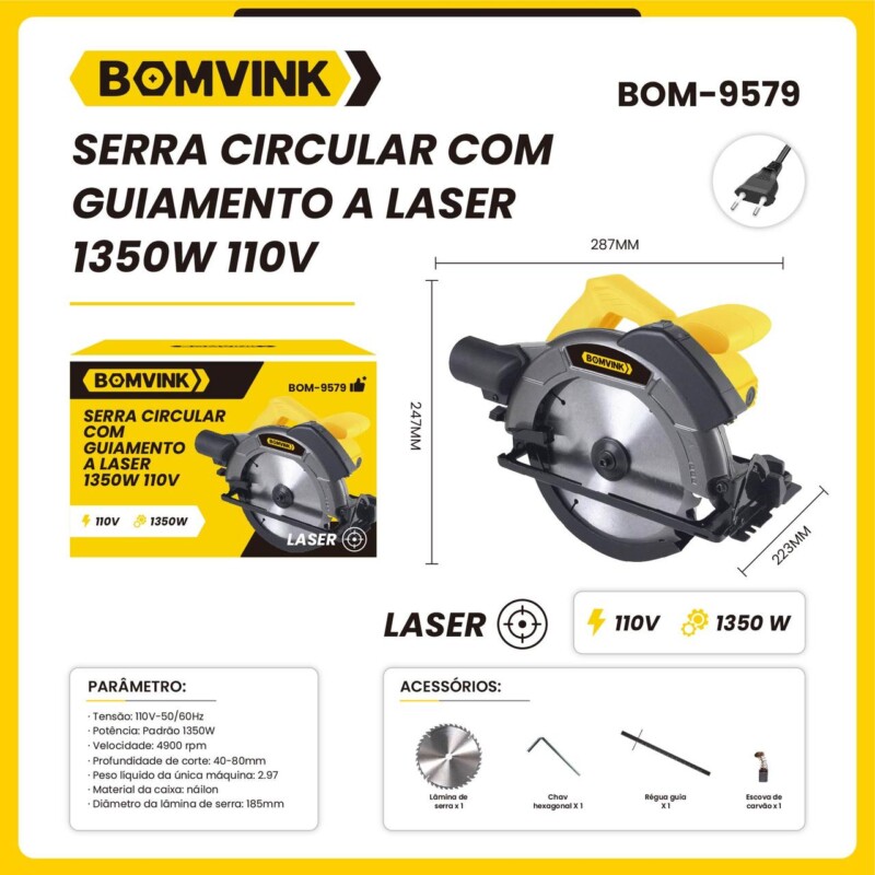 Serra Circular Com Guiamento a Laser 1350W 110V BOMVINK BOM-9579