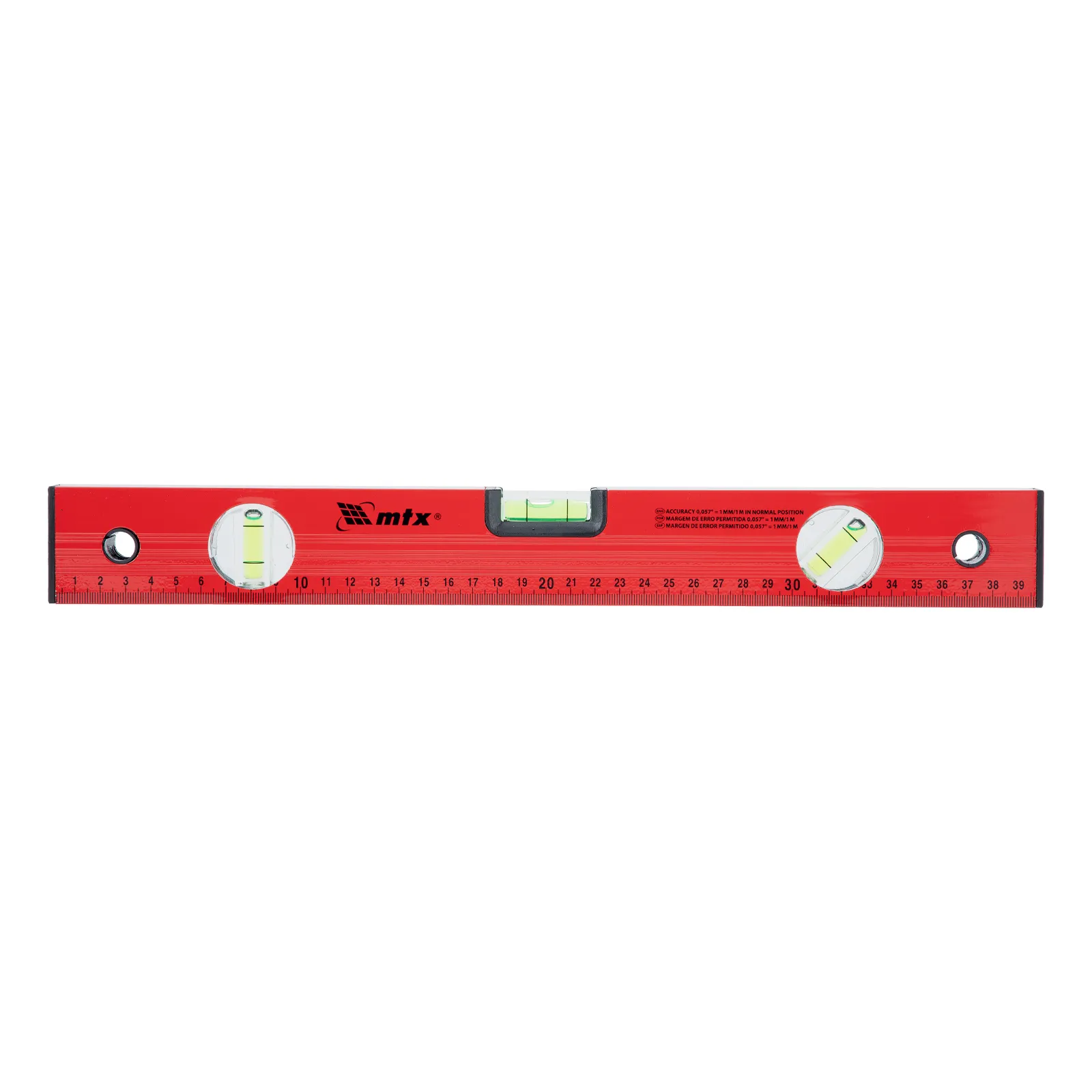 NIVEL DE ALUMINIO, COM REGUA, VERMELHO, 3 BOLHAS, 16POL., 400MM, 1PC // MTX