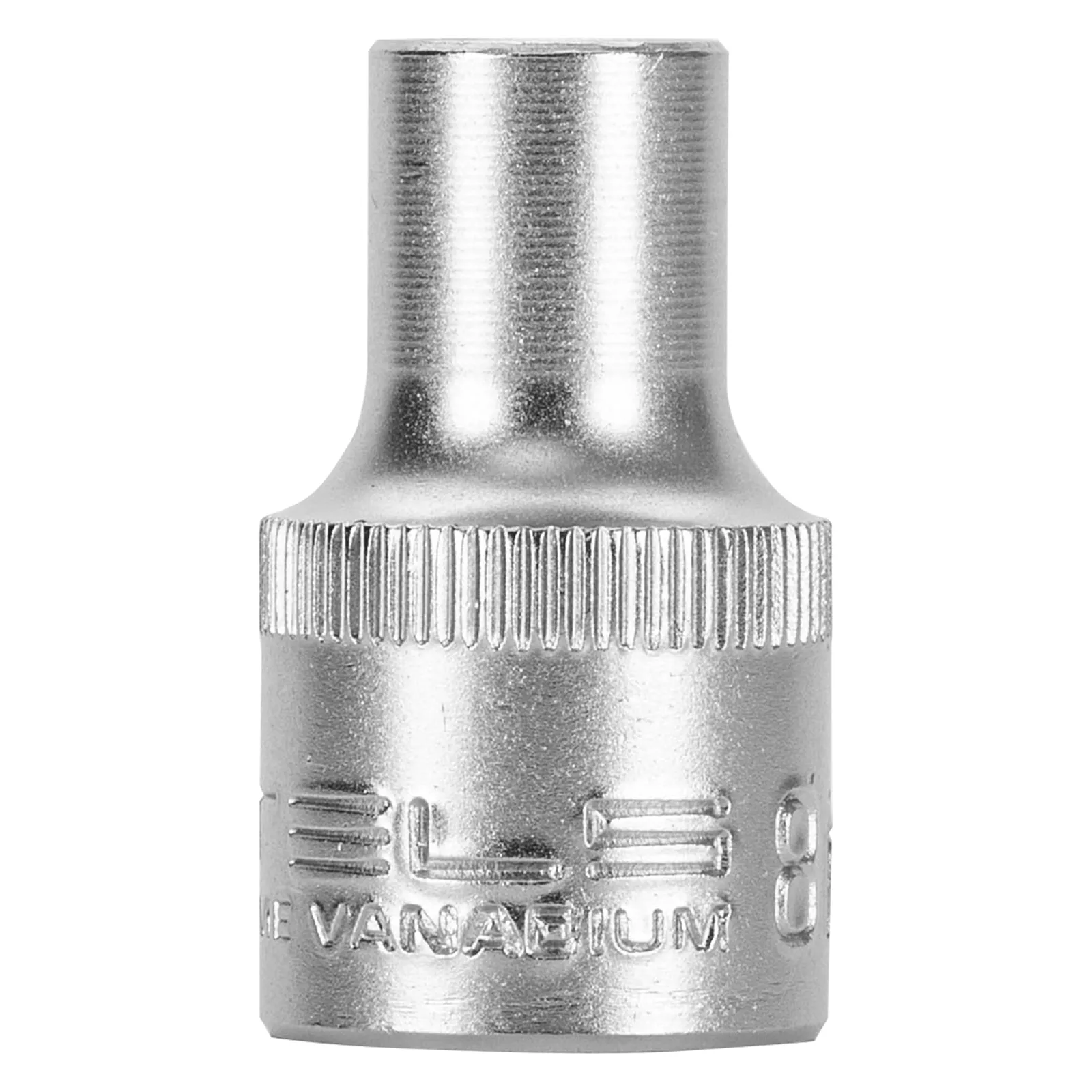 SOQUETE ESTRIADO ENCAIXE 1/2POL., CROMO VANADIO, COM CLIPS PLASTICO, 8MM, 1PC // STELS