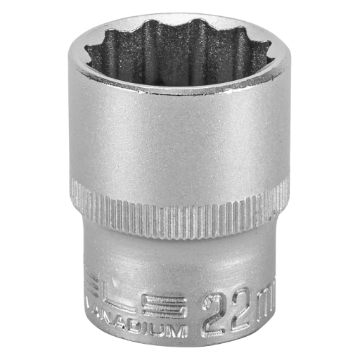 SOQUETE ESTRIADO ENCAIXE 1/2POL., CROMO VANADIO, COM CLIPS PLASTICO, 22MM, 1PC // STELS