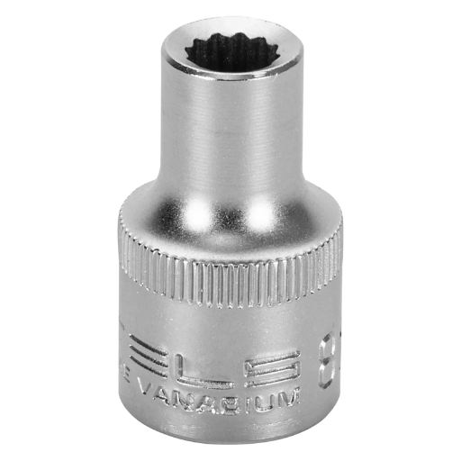 SOQUETE ESTRIADO ENCAIXE 1/2POL., CROMO VANADIO, COM CLIPS PLASTICO, 8MM, 1PC // STELS