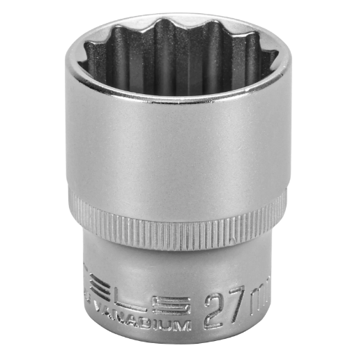 SOQUETE ESTRIADO ENCAIXE 1/2POL., CROMO VANADIO, COM CLIPS PLASTICO, 27MM, 1PC // STELS