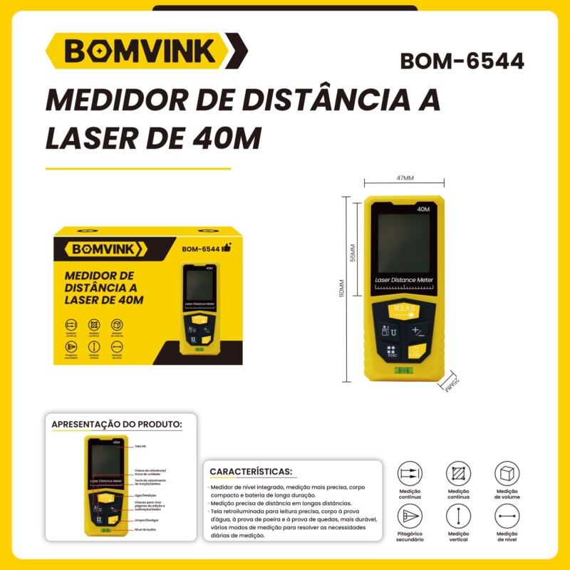Medidor De Distância a Laser Profissional De Alcance 40M BOMVINK BOM-6544
