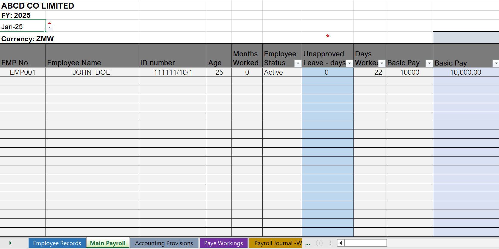 Zambian Payroll Workbook - 2025 (ZM-XLS)