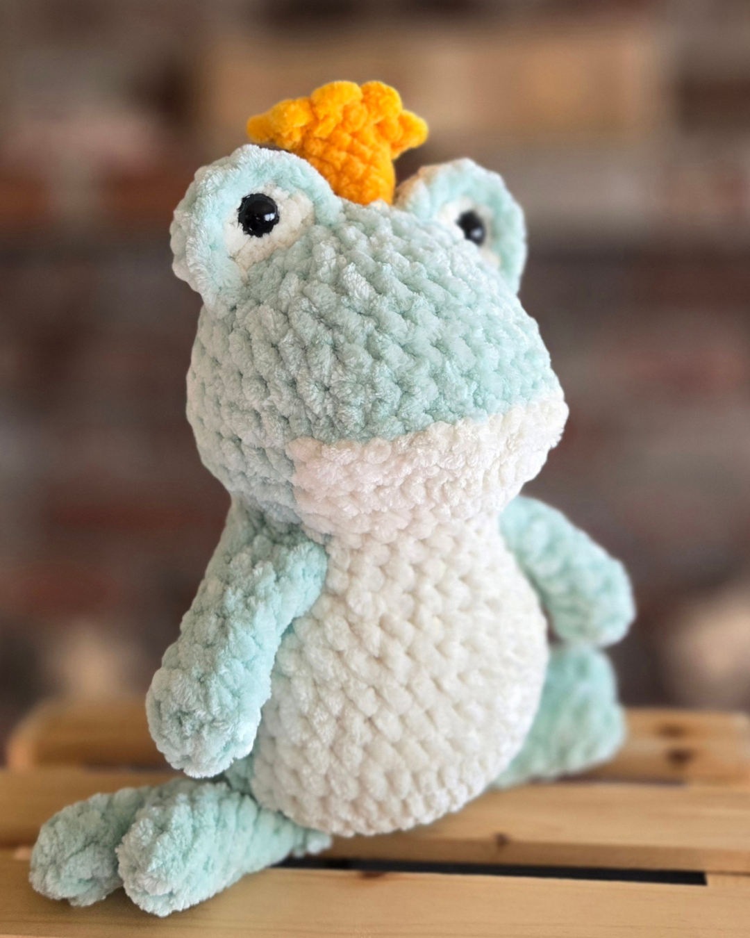 Handmade Crochet Frog Prince Plush – Cute Chenille Frog Stuffed Animal, Fantasy Kawaii Frog Toy
