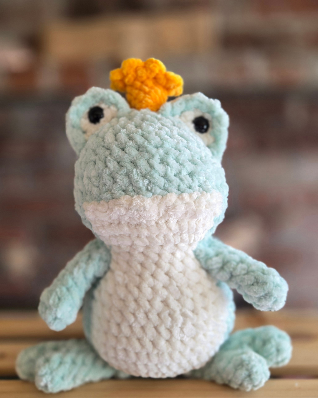Handmade Crochet Frog Prince Plush – Cute Chenille Frog Stuffed Animal, Fantasy Kawaii Frog Toy