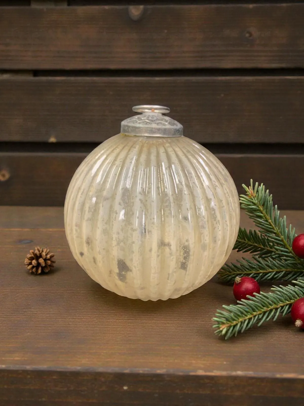 Vintage Frosted Glass Christmas Tree Ornament: Large Round White/Cream Ribbed Bulb