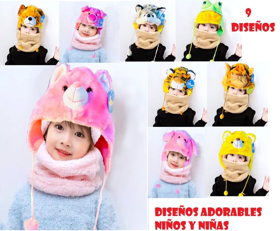 Gorros de peluche infantil con forma de animales