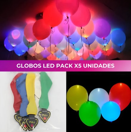 Bolsas de 5 Globos de latex LED multicolores a pilas