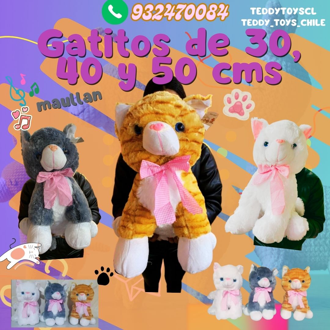 Peluche de gato gris, cafe y blanco 50 cms - SIN RELLENO -