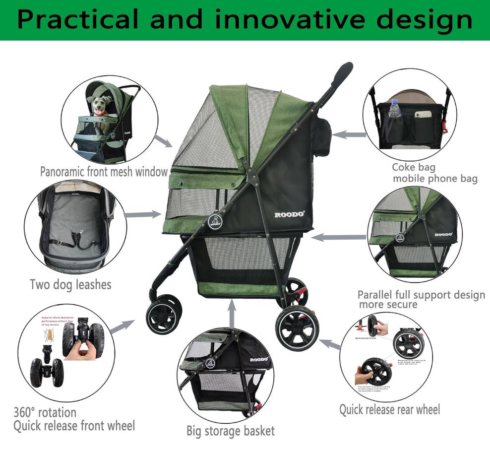 3 Wheel Pet Stroller Best Lightweight Foldable Compact Portable Jogger All Terrain Travel Pet Gear Puppy Kitty Stroller for up to 30lbs Medium Small Dogs and Cats(Green)