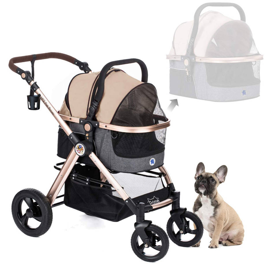 3-in-1 Luxury Dog/Cat Stroller (Travel Carrier +Car Seat +Stroller) with Detach Carrier/Pump-Free Rubber Tires/Aluminum Frame/Reversible Handle for Medium & Small Pets (Taupe)