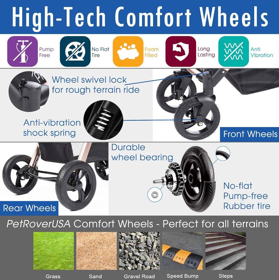 3-in-1 Luxury Dog/Cat Stroller (Travel Carrier +Car Seat +Stroller) with Detach Carrier/Pump-Free Rubber Tires/Aluminum Frame/Reversible Handle for Medium & Small Pets (Taupe)