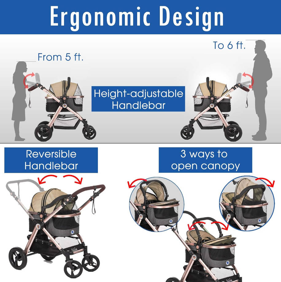 3-in-1 Luxury Dog/Cat Stroller (Travel Carrier +Car Seat +Stroller) with Detach Carrier/Pump-Free Rubber Tires/Aluminum Frame/Reversible Handle for Medium & Small Pets (Taupe)