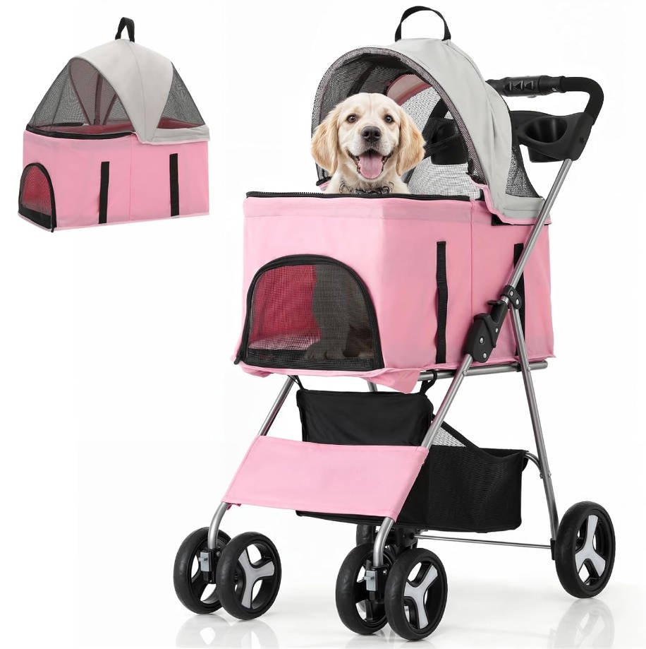3 in 1 Foldable Pet Stroller for Small & Medium Dogs, Detachable Carrier, Car Seat, Push Button Entry, 4-Wheel Jogger for Pets up to 33 lbs, Pink
