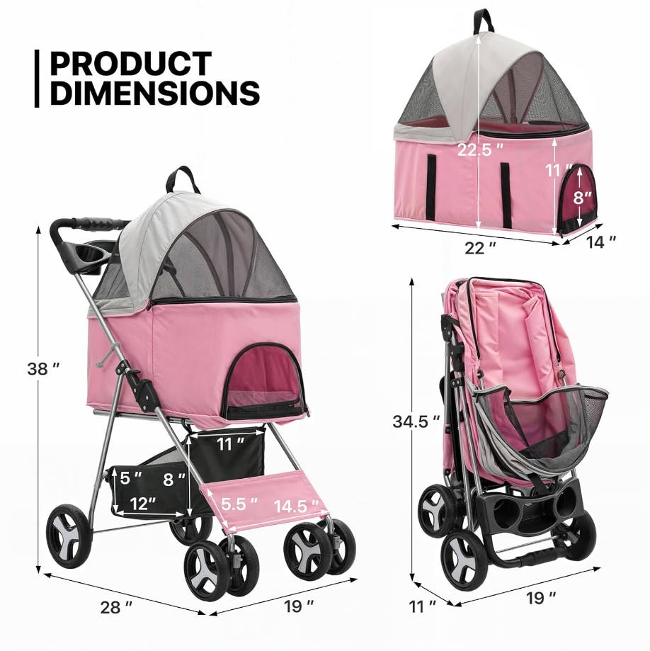 3 in 1 Foldable Pet Stroller for Small & Medium Dogs, Detachable Carrier, Car Seat, Push Button Entry, 4-Wheel Jogger for Pets up to 33 lbs, Pink