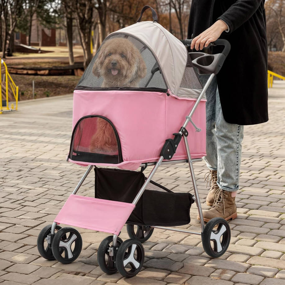 3 in 1 Foldable Pet Stroller for Small & Medium Dogs, Detachable Carrier, Car Seat, Push Button Entry, 4-Wheel Jogger for Pets up to 33 lbs, Pink