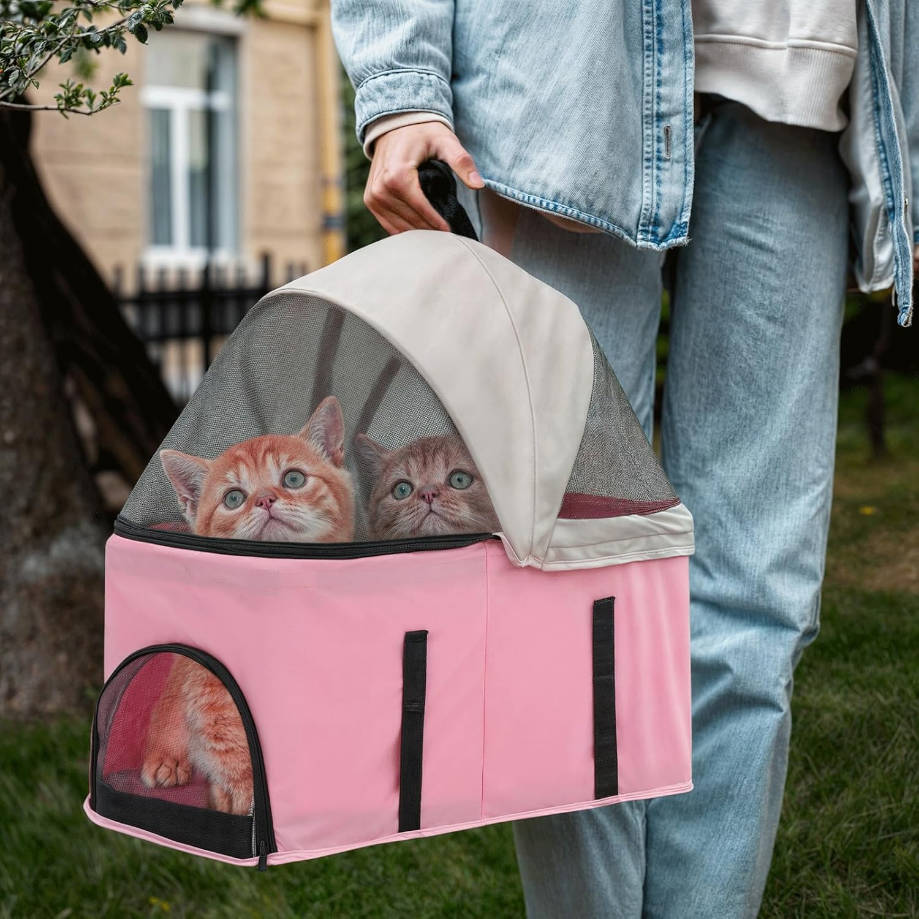 3 in 1 Foldable Pet Stroller for Small & Medium Dogs, Detachable Carrier, Car Seat, Push Button Entry, 4-Wheel Jogger for Pets up to 33 lbs, Pink