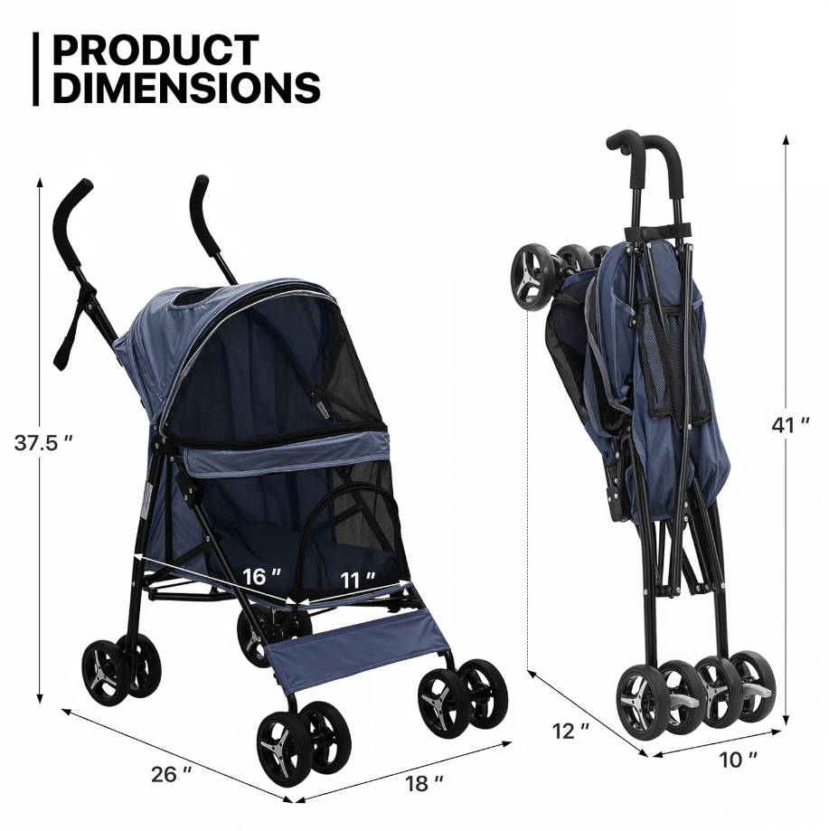 4 Wheels Pet Stroller, Easy-Fold Puppy Cage Jogger Stroller with Sun Cover, Pad and Rear Storage Bag, Breathable and Visible Mesh for Small/Medium Pets up to 22 lbs, Navy Blue