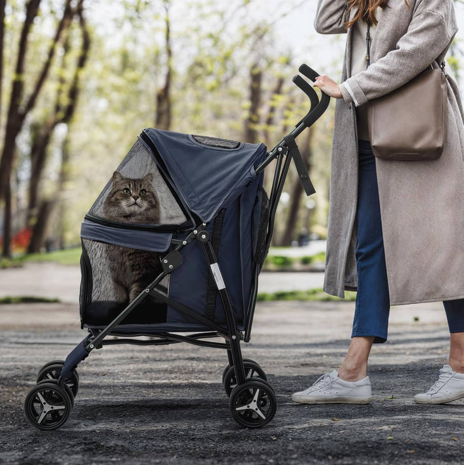 4 Wheels Pet Stroller, Easy-Fold Puppy Cage Jogger Stroller with Sun Cover, Pad and Rear Storage Bag, Breathable and Visible Mesh for Small/Medium Pets up to 22 lbs, Navy Blue