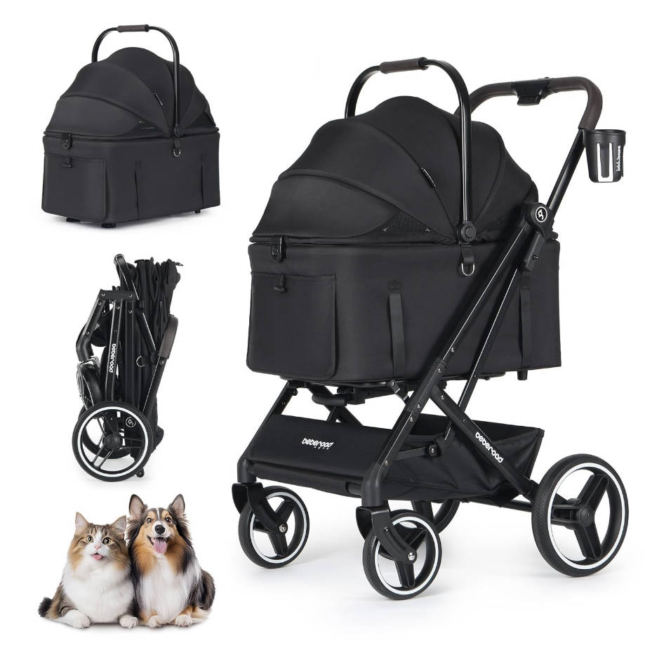 2 in 1 Pet Stroller for Medium or Two Small Dogs & Cats 4 Wheels Lightweight Foldable Carrier Dog Stroller with Waterproof Weather Cover Cup Holder,Storage Basket(Black)