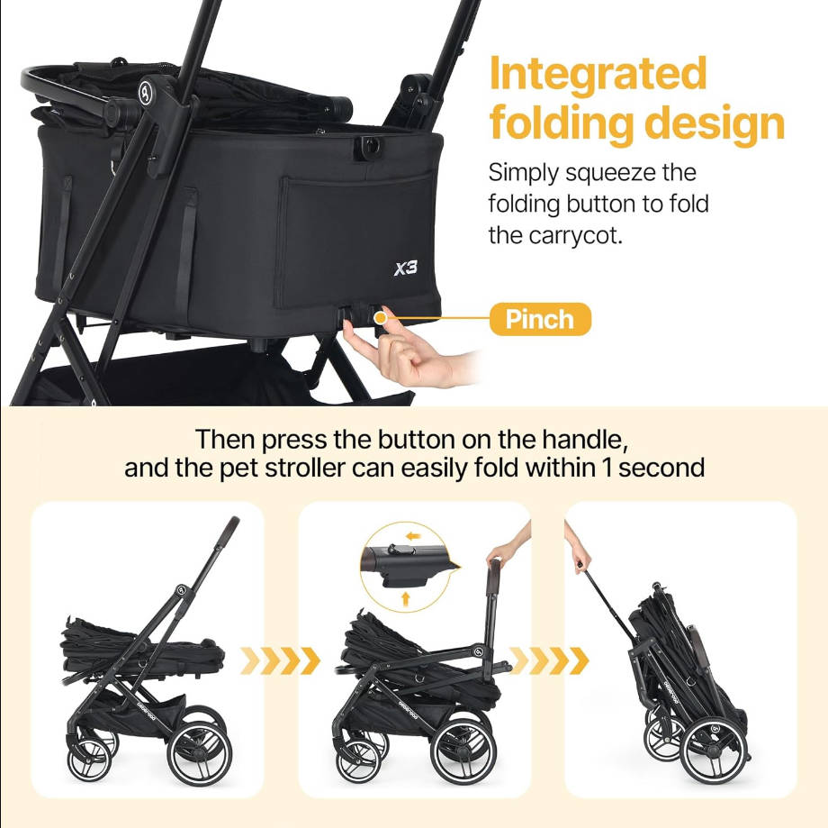 2 in 1 Pet Stroller for Medium or Two Small Dogs & Cats 4 Wheels Lightweight Foldable Carrier Dog Stroller with Waterproof Weather Cover Cup Holder,Storage Basket(Black)