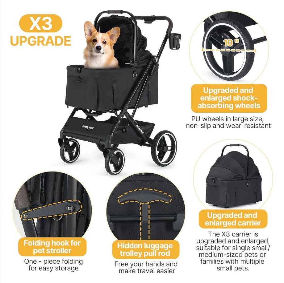 2 in 1 Pet Stroller for Medium or Two Small Dogs & Cats 4 Wheels Lightweight Foldable Carrier Dog Stroller with Waterproof Weather Cover Cup Holder,Storage Basket(Black)
