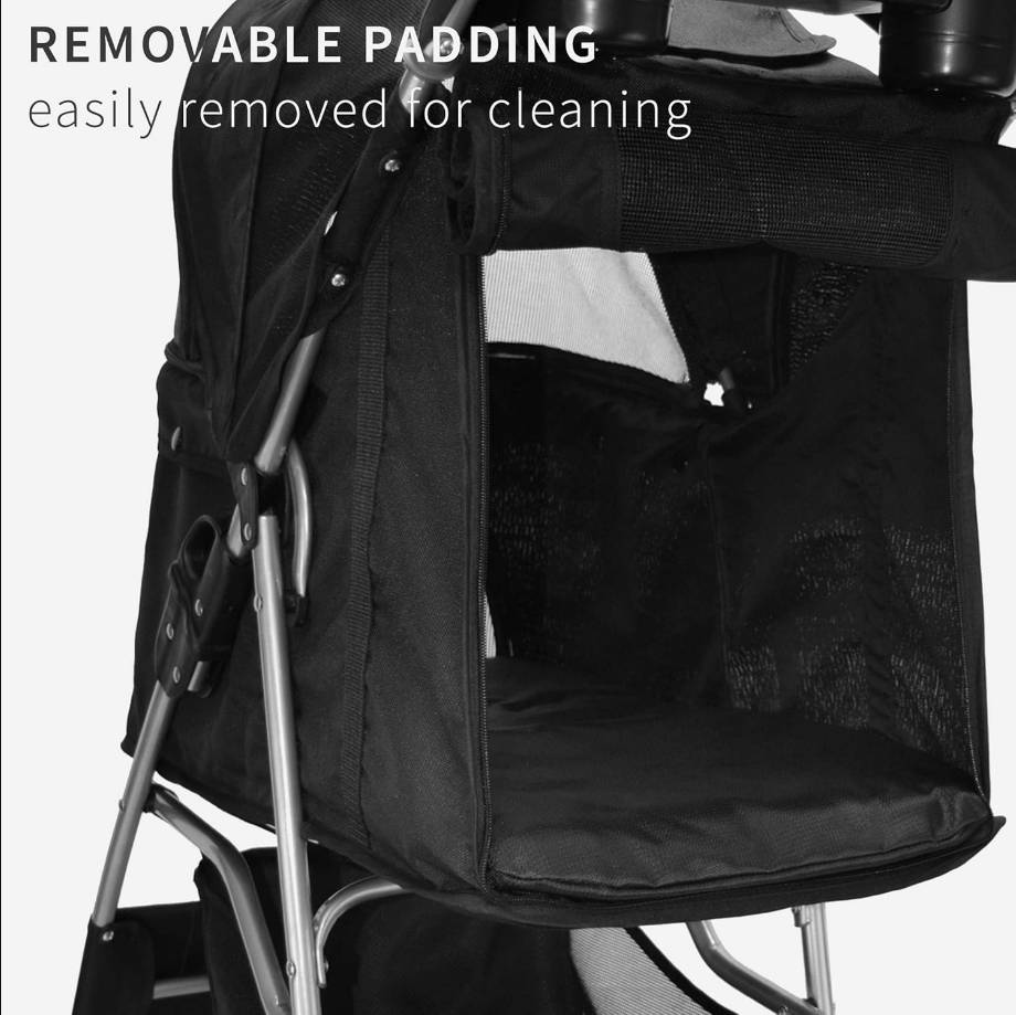 Black 4 Wheel Pet Stroller for Cat, Dog and More, Foldable Carrier Strolling Cart, STROLR-V001K