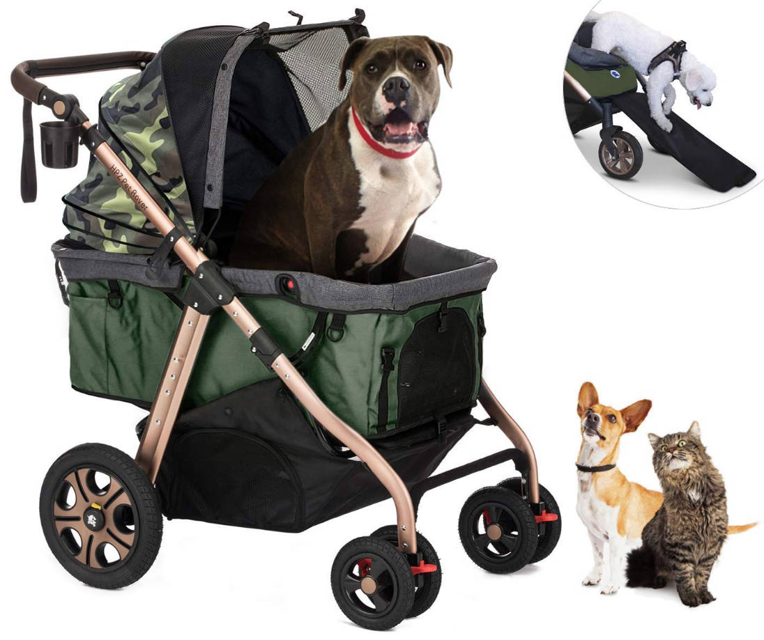 Premium Super-Sized Dog/Cat/Pet Stroller SUV Travel Carriage/w Access Ramp/100Lbs Capacity/Pumpless Rubber Wheels/Aluminum Frame for Small, Med, Large, XL Pets (Green Camo)