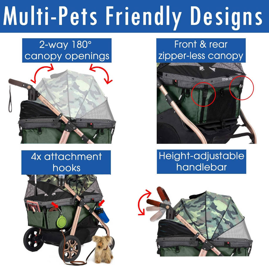 Premium Super-Sized Dog/Cat/Pet Stroller SUV Travel Carriage/w Access Ramp/100Lbs Capacity/Pumpless Rubber Wheels/Aluminum Frame for Small, Med, Large, XL Pets (Green Camo)