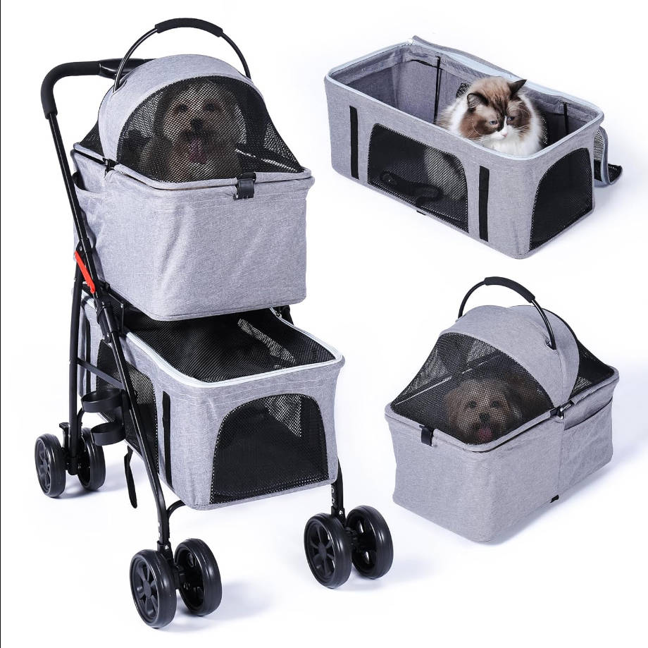 Double Pet Stroller for Dogs & Cats - One-Hand Folding Pet Stroller - Travel Carrier for Small & Medium Dogs - Double Cat Carrier - Detachable with Cupholder Included